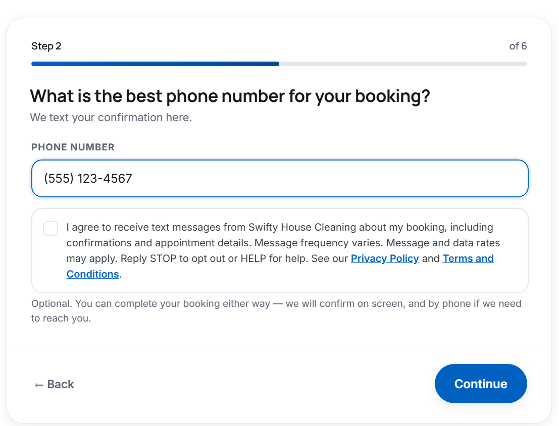 Screenshot of the Swifty House Cleaning booking form showing the phone number field and the unchecked text message consent checkbox